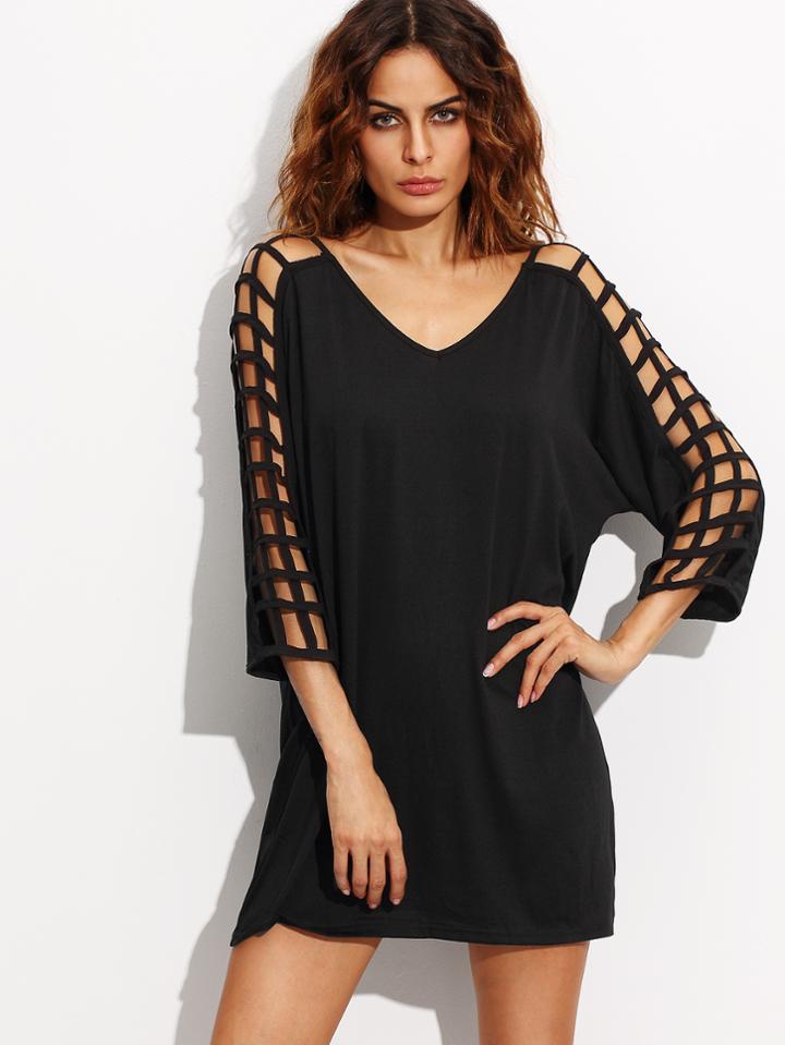 Romwe Black V Back Hollow Out Shift Dress