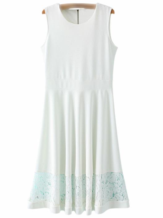 Romwe White Sleeveless Zipper Lace Splicing Skater Dress