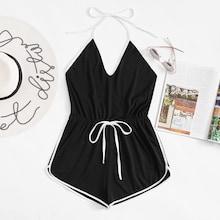 Romwe Drawstring Waist Ringer Halter Romper