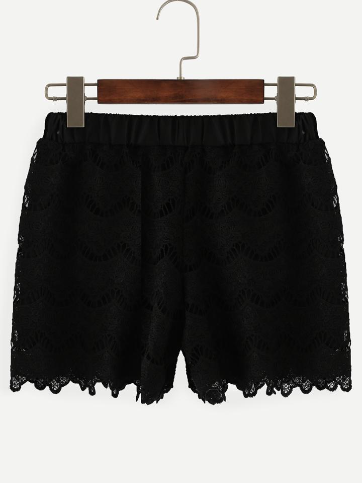 Romwe Black Elastic Waist Lace Crochet Shorts
