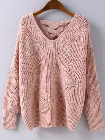 Romwe Pink Geometric Pattern Hollow Knit Sweater