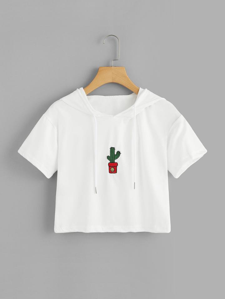 Romwe Cactus Embroidered Drawstring Hooded Tee