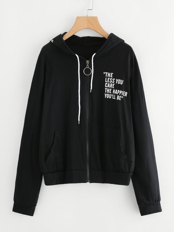 Romwe Slogan Print Strap Back Hooded Jacket