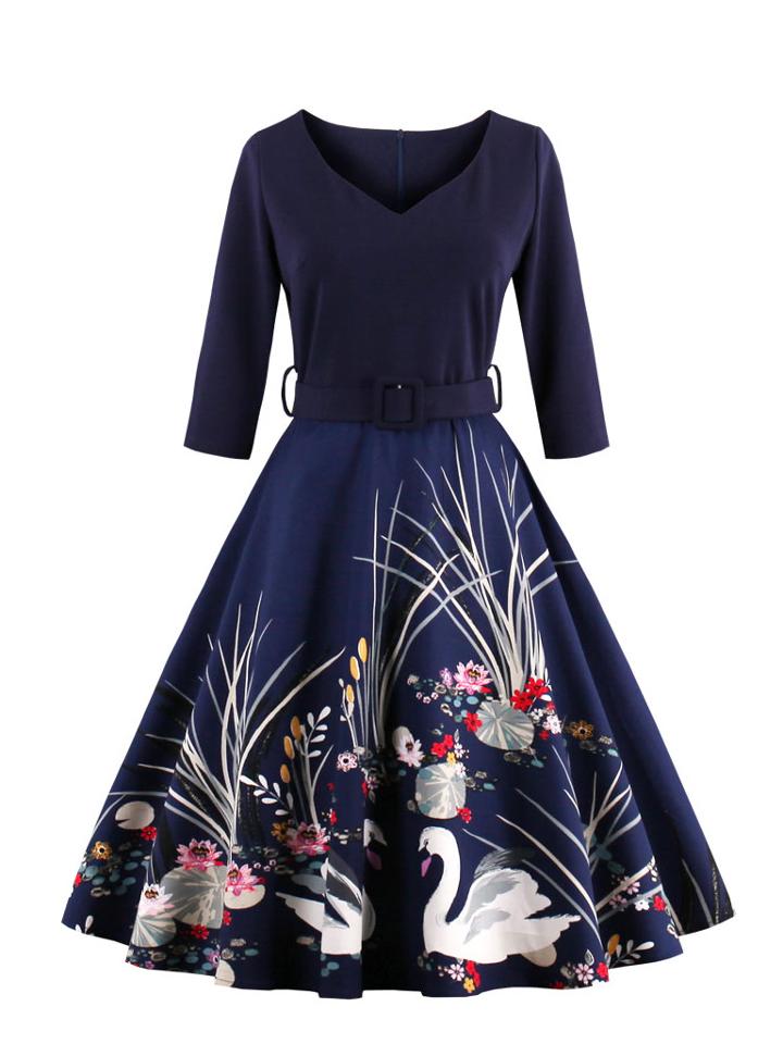 Romwe Graphic Print Circle Dress With Belt