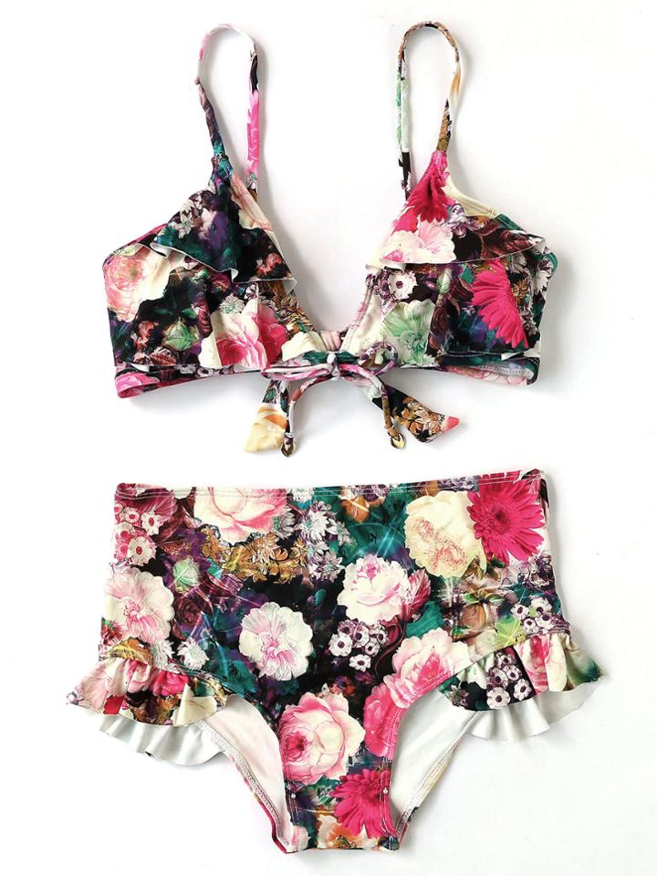 Romwe Floral Print Ruffle Detail High Waist Bikini Set