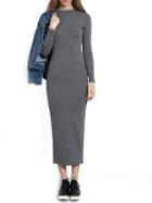 Romwe Grey Round Neck Long Sleeve Slim Dress