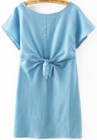 Romwe Short Sleeve With Bow Blue Dress