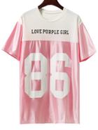 Romwe Pink Contrast Yoke Varsity Print T-shirt