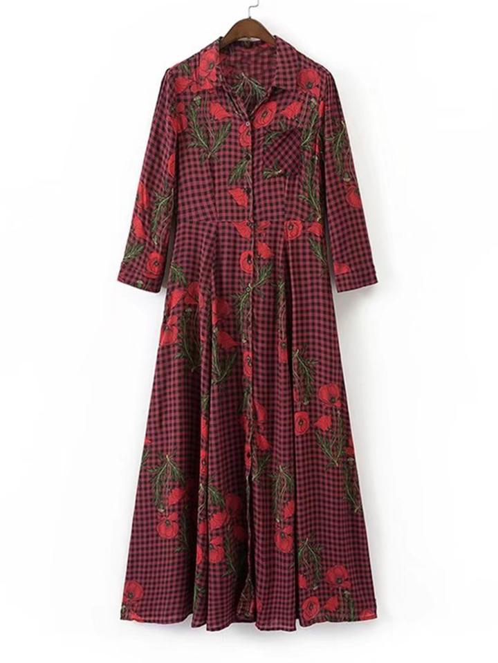 Romwe Floral Print Gingham Shirt Dress