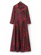 Romwe Floral Print Gingham Shirt Dress