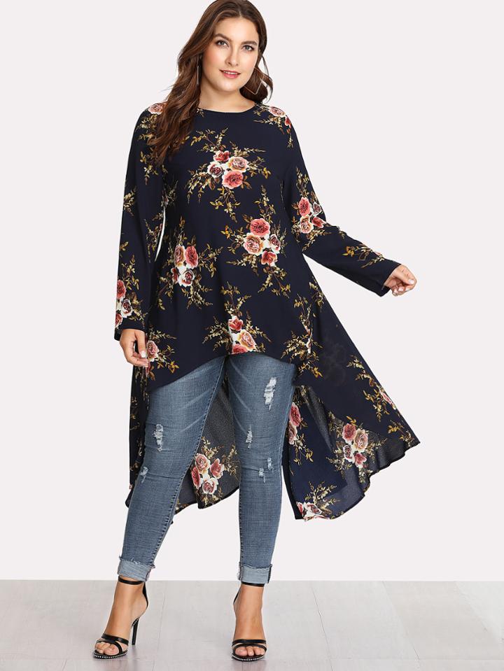 Romwe Botanical Print Dip Hem Blouse