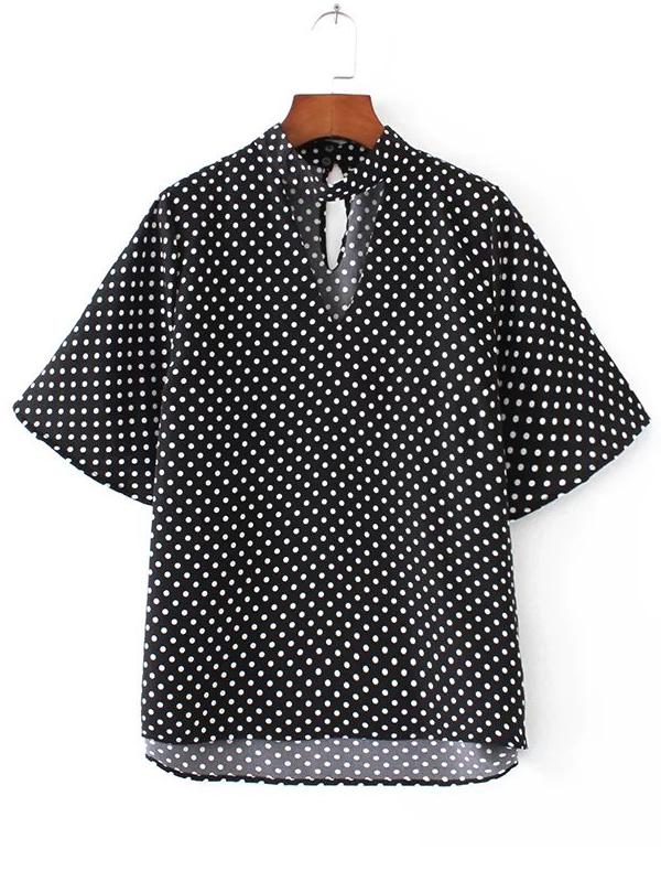 Romwe Polka Dot Cut Out Neck High Low Blouse