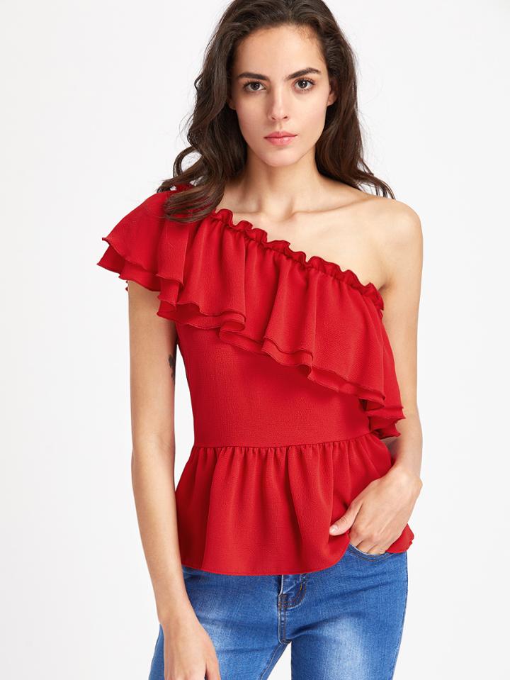 Romwe Ruffle One Shoulder Peplum Top