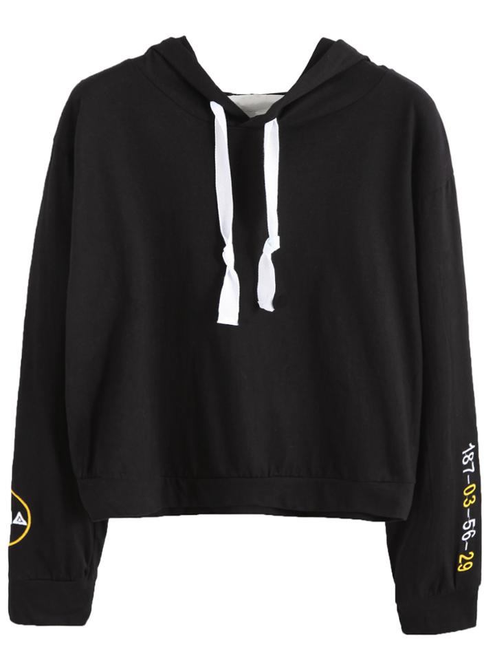 Romwe Black Embroidered Drawstring Hooded Sweatshirt