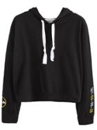 Romwe Black Embroidered Drawstring Hooded Sweatshirt