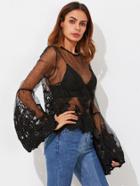 Romwe Bell Sleeve Embroidered Mesh Top