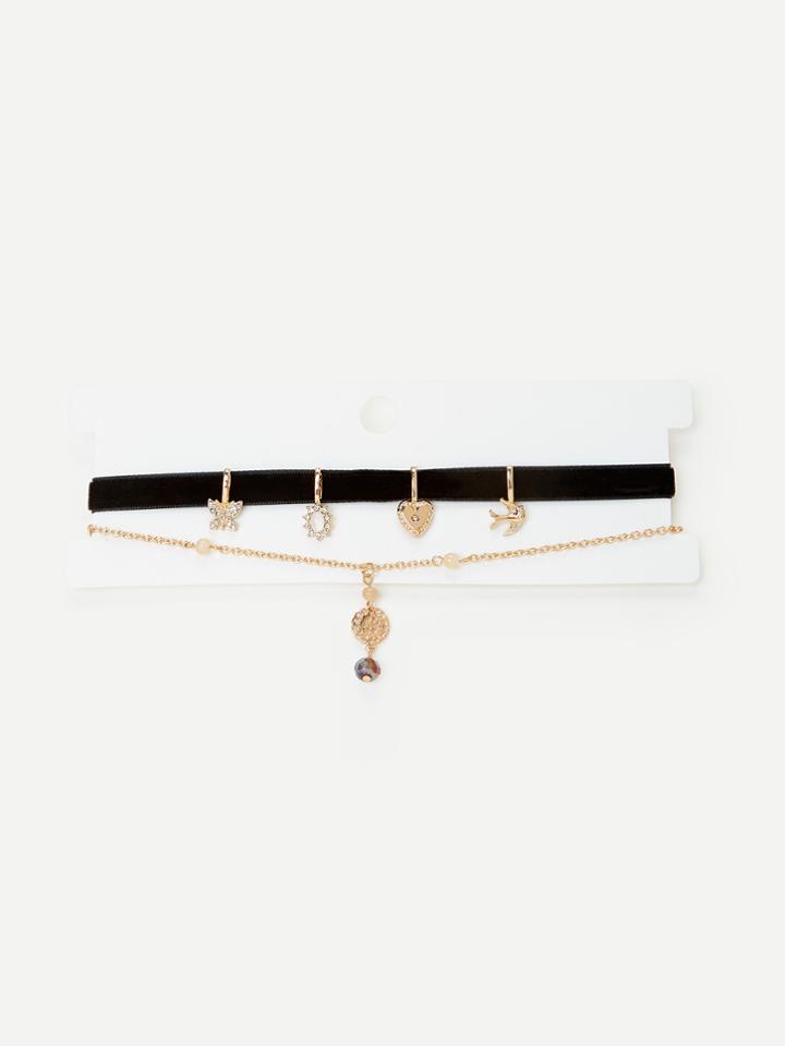 Romwe Flower & Heart Charm Choker Set