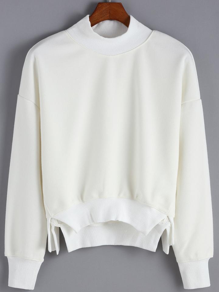 Romwe Turtleneck Slit Dip Hem White Sweatshirt