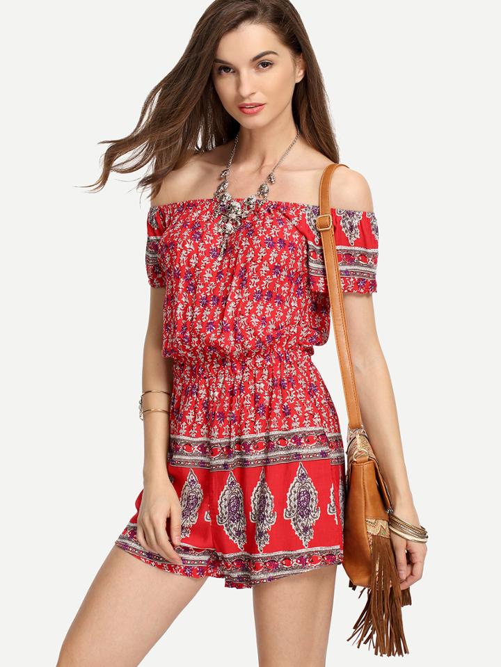 Romwe Red Off-the-shoulder Flower Print Romper