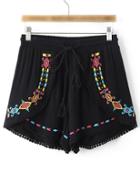 Romwe Black Elastic Waist Embroidery Pom Pom Trim Shorts