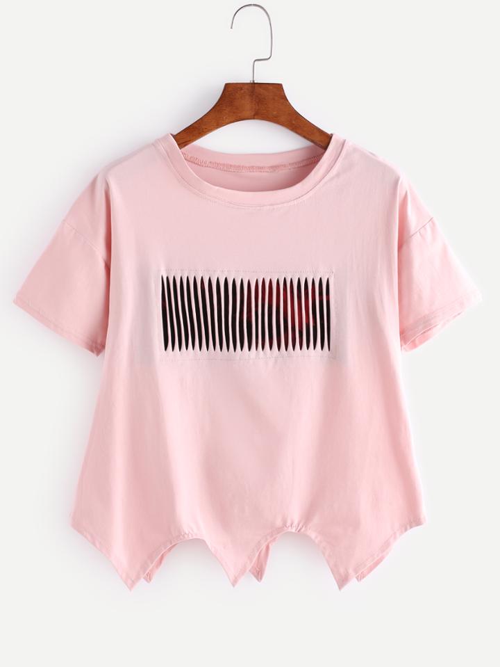 Romwe Pink Ripped Asymmetrical Hem T-shirt