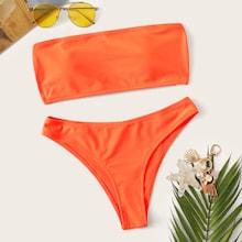 Romwe Neon Orange Detachable Straps Bandeau Bikini Set