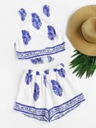 Romwe Bow Tie Open Back Crop Tank Top And Shorts Set