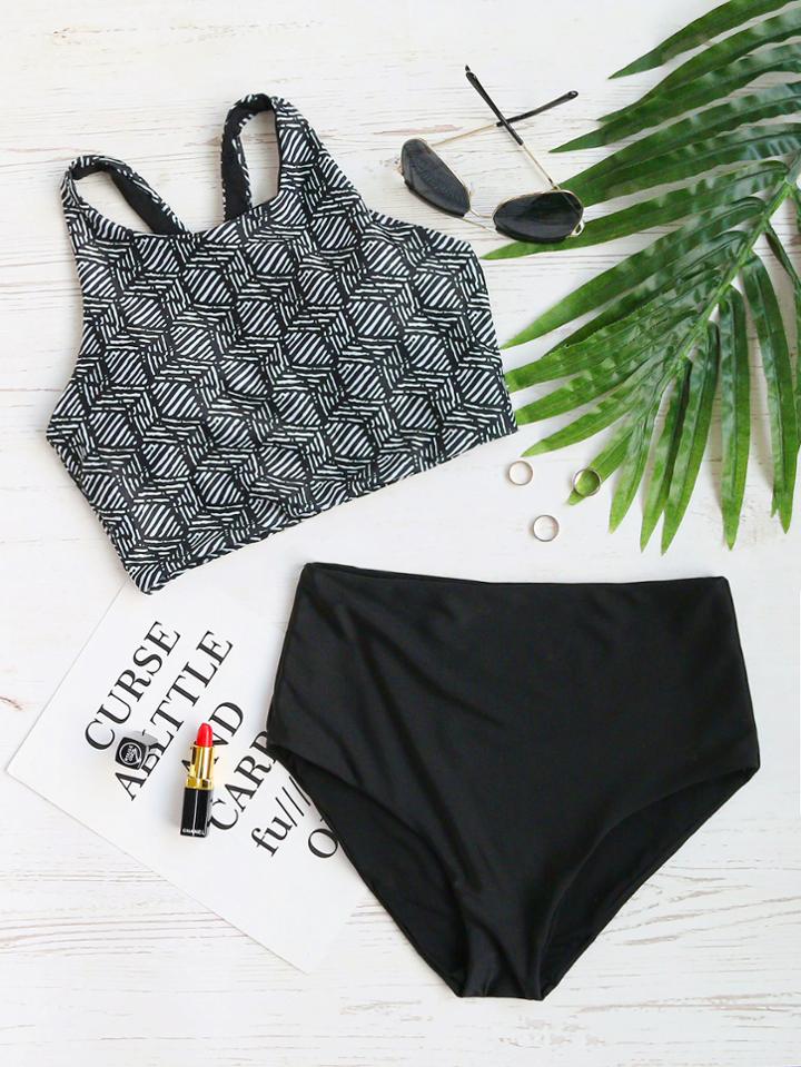 Romwe Black Printed Racer Back High Waist Bikini Set