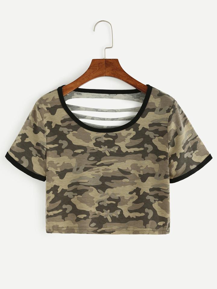 Romwe Olive Green Contrast Trim Ripped Crop T-shirt
