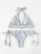 Romwe Pinstriped Tassel Tie Bikini Set