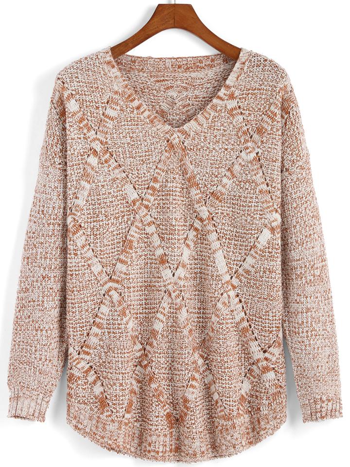 Romwe V Neck Diamond Pattern Coffee Sweater