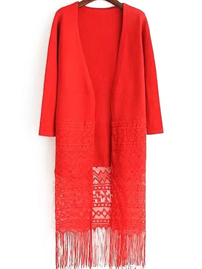 Romwe Lace Insert Tassel Long Red Coat