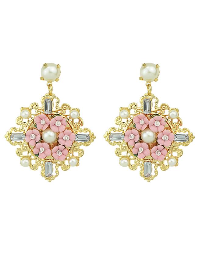 Romwe Fashionable Alloy And Gemstone Flower Shaped Beautiful Women Drop Earrings