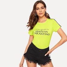 Romwe Neon Yellow Striped Tape Side Letter Tee