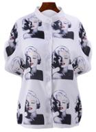 Romwe Stand Collar With Buttons Monroe Print Blouse