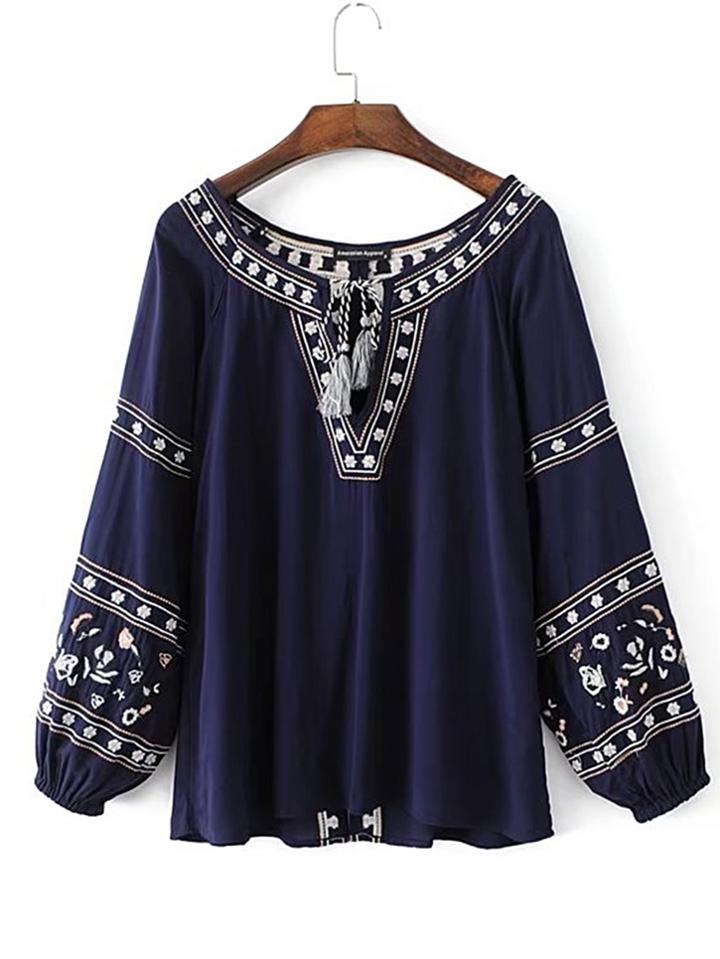Romwe Tassel Tie V Neck Embroidery Top