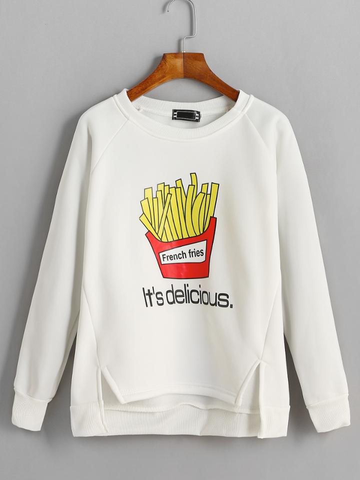 Romwe French Fries Print Raglan Sleeve Dip Hem Slit Sweatshirt