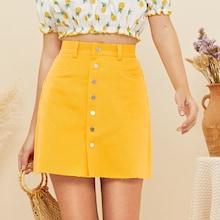 Romwe Button Up Raw Hem Skirt