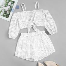 Romwe Polka Dot Knot Front Top With Shorts