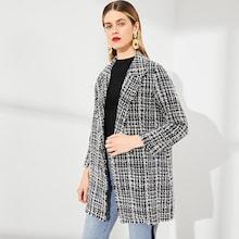 Romwe Button Detail Tweed Notched Neck Blazer