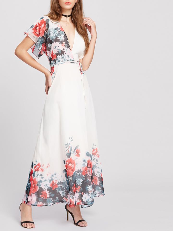 Romwe Plunge Flower Print Flutter Sleeve Surplice Dress