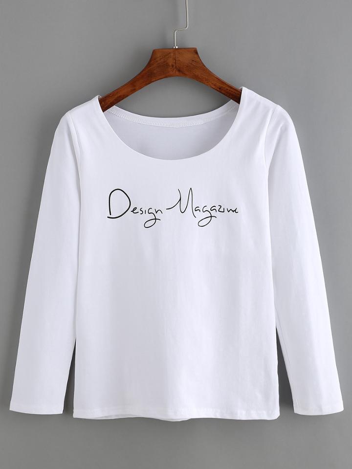 Romwe Letter Print Slim White T-shirt