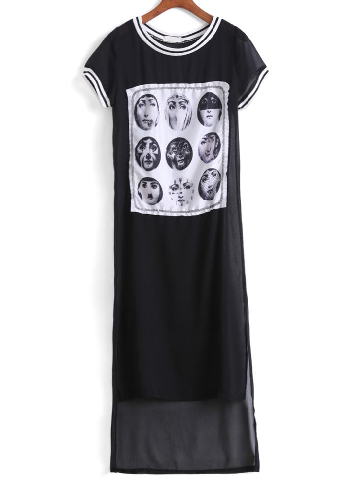 Romwe Head Portrait Print High Low Dress