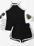 Romwe Contrast Trim Cami Top And Shorts Set