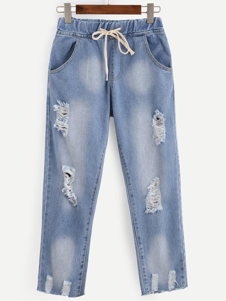 Romwe Blue Ripped Raw Hem Bleach Wash Jeans