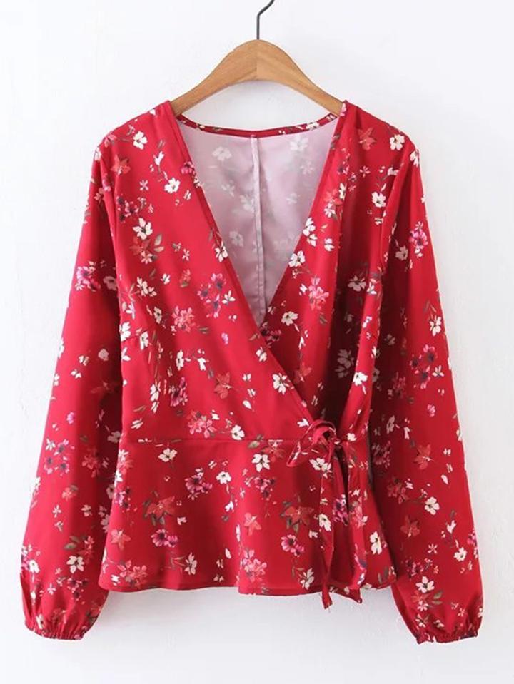 Romwe Surplice Front Lace Up Floral Top