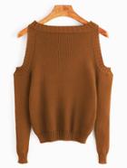 Romwe Brown Open Shoulder Long Sleeve Sweater