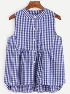 Romwe Blue Checkerboard Button Front High Low Sleeveless Blouse