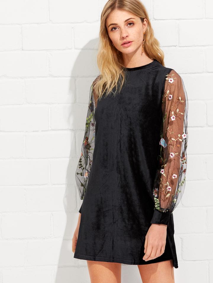 Romwe Tunic Dress With Embroidered Mesh Bishop Sleeve