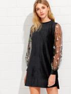Romwe Tunic Dress With Embroidered Mesh Bishop Sleeve
